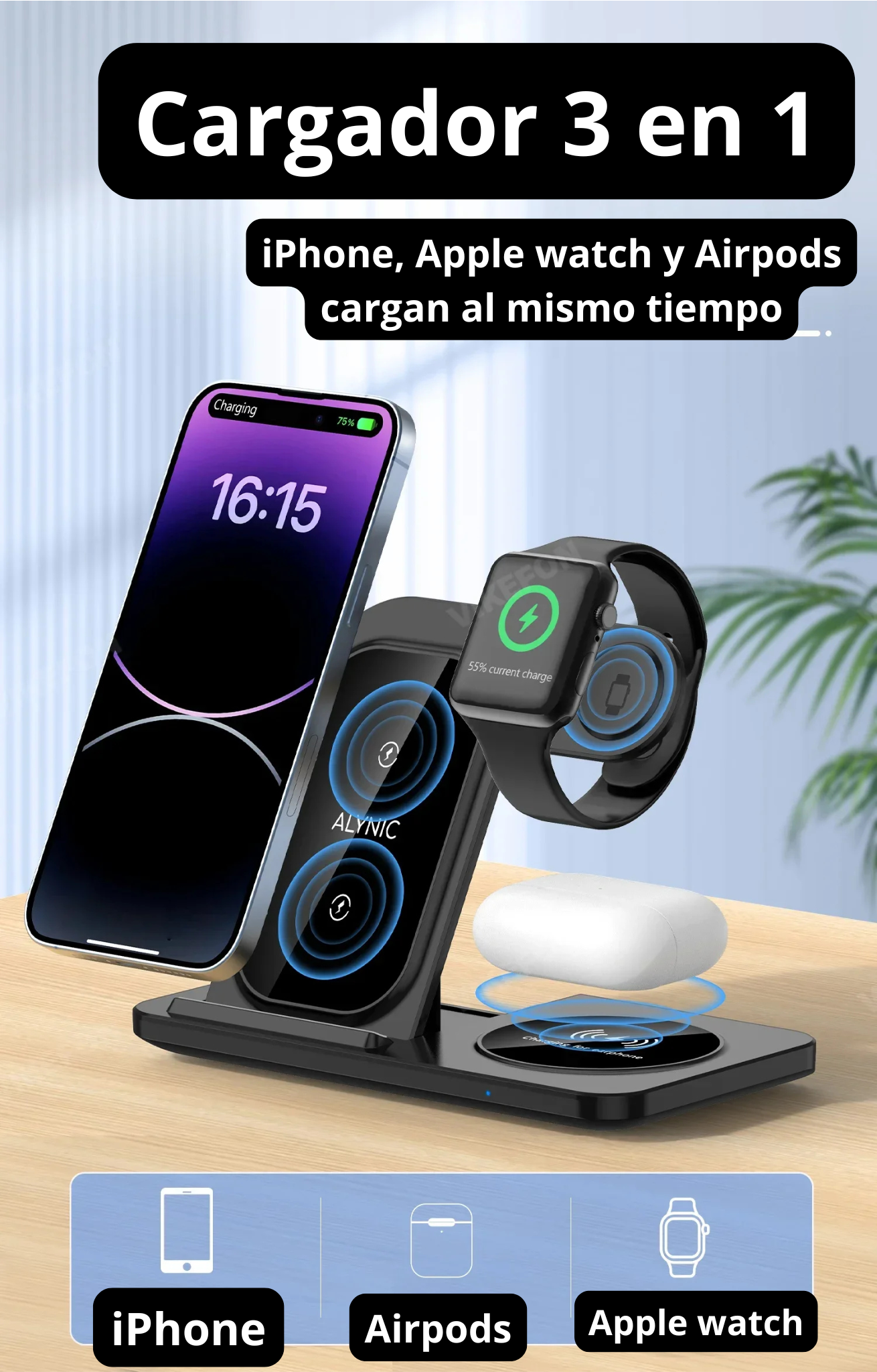 Estación de Carga Inalámbrica 3 en 1 para Apple
